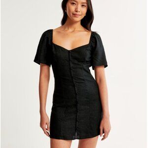 Linen-Blend Button-Through Mini Dress in Black